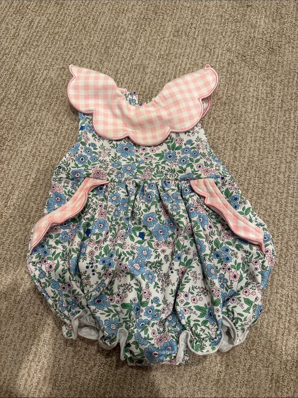 Pink Gingham Collar Floral Bubble One-Piece for Kids